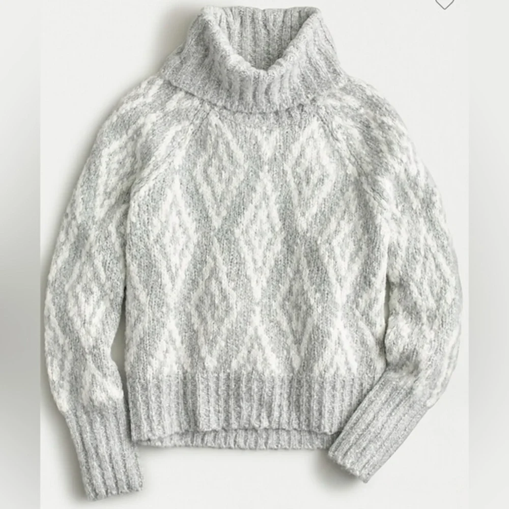 J.Crew Fair Isle Diamonds Alpaca Turtleneck Sweater Gray Cream Size XS
